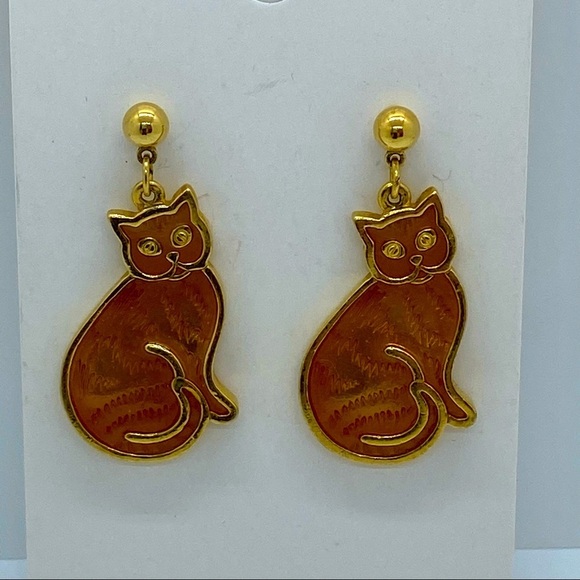 Enamel Cat Pierced Post Dangle Earrings - Picture 6 of 7